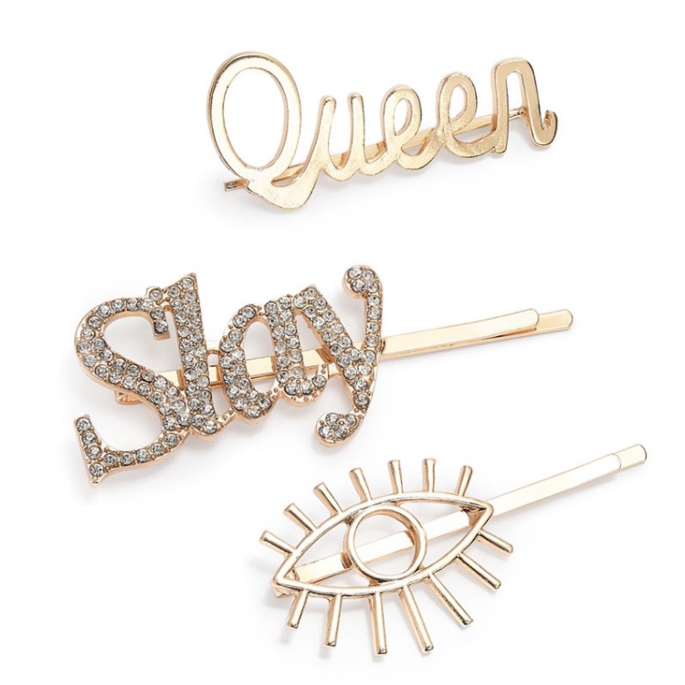 Gold Tone 3pc Set : Queen, Slay & Eye Bobby Pins